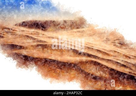 Aquarell Zeichnung einsame Sanddünen in einem starken Wind unter dem Himmel vor dem Hintergrund der trockenen Wüste Stockfoto