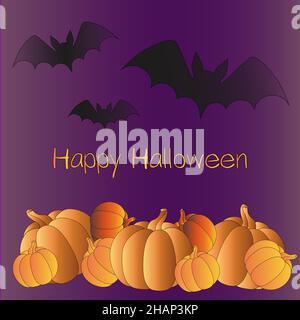 Kürbisse auf violettem Hintergrund mit Fledermäusen Stock Vektor