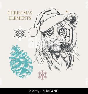 Tiger im Weihnachtshut. Drucken Sie auf einer Postkarte oder einem Poster. Vektorgrafik. Urlaubskarte. Neujahr und Weihnachten. Weihnachtsmann Stock Vektor