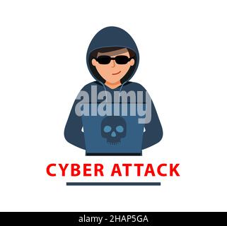 Cyber-Angriff. Mann in einem schwarzen Hoodie sitzt an einem Laptop. Cyber-Dieb. Hacker sitzt am Computer, knackt Website oder persönliche Daten. vector illu Stock Vektor