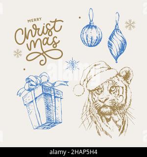 Tiger im Weihnachtshut. Drucken Sie auf einer Postkarte oder einem Poster. Vektorgrafik. Urlaubskarte. Neujahr und Weihnachten. Weihnachtsmann Stock Vektor