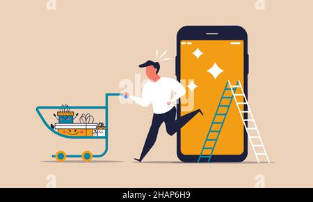 Verbrauchershop Online-Shop mit Warenkorb und Geschenkbox. Telefon Apps Geschäft kaufen Commerce Konzept Vektor Illustration Markt. Charakter Shopping mit trolle Stock Vektor