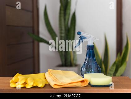 Set von Reinigungsmitteln auf Holztisch im Haus mit grünem Sanseviera laurentii Pflanze Hintergrund Stockfoto