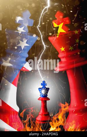 US-, china- und taiwan-Flaggen übermalen den Schachkönig. 3D Illustration US vs. china-Krise. Stockfoto