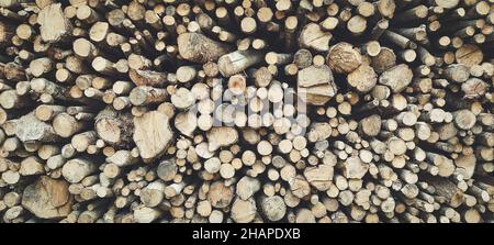Ordentlich gestapelter Holzstapel für die Holzofen-Heizung. Stockfoto