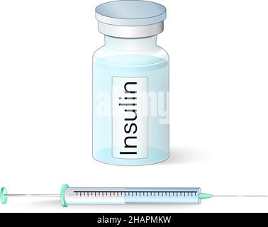 Insulin in Glasfläschchen und Insulinspritze. Diabetes. Isolierte Vektordarstellung. Injektionslösung Stock Vektor