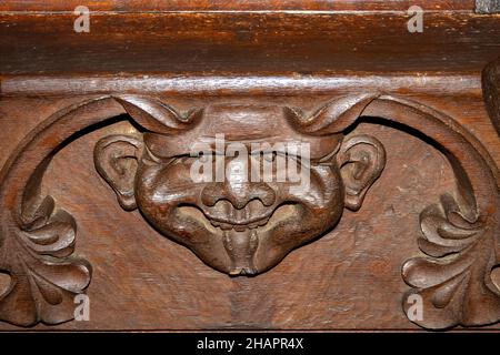 Ein dämonisches Gesicht Schnitzwerk auf der Unterseite eines misericord Kirche Sitz in der aufrechten Position. In St. Mary of the Assumption, Ufford, Suffolk Stockfoto