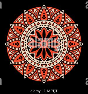 Mandala. Dekorativer Rundschmuck. Isoliert auf schwarzem Hintergrund. Arabische, indische, ottomanische Motive. Für Karten, Einladungen, T-Shirts. Rot und Beige. Stock Vektor