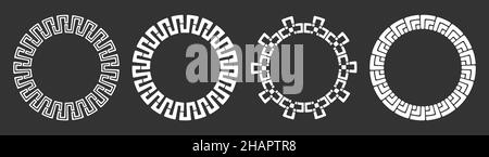 Set aus vier abstrakten kreisförmigen Ornamenten, ethnischen, alten Ornamentmustern, gestreiften Rahmen. Dekorative Muster auf schwarzem Hintergrund isoliert. Stock Vektor