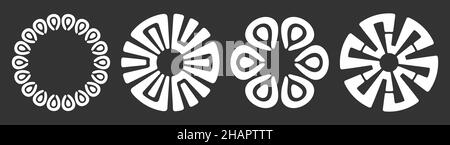 Set aus vier abstrakten kreisförmigen Ornamenten. Dekorative Muster auf schwarzem Hintergrund isoliert. Ethnische Stammesmotive. Ethnisch-orientalisches Muster, Schilder. Stock Vektor