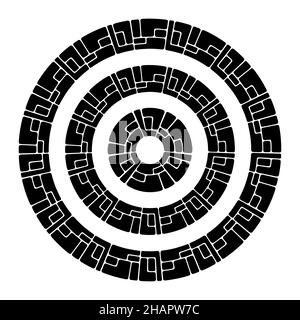 Abstrakte runde Rahmen, kreisförmige geometrische Ornamente aus Steinen. Dekoratives Muster isoliert auf weißem Hintergrund. Vektorgrafik monochrom. Stock Vektor