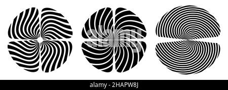 Satz aus drei abstrakten geometrischen Vektorsymbolen, isoliert auf weißem Hintergrund. Vier gestreifte Blütenblätter. Flaches Design. Einfacher Vektor in Schwarzweiß. Stock Vektor