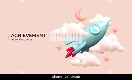 Raketenschiff im Weltraum um die Wolken. Realistische Rakete 3D Symbol. Herausforderung im Geschäft, Erfolg und erfolgreiches Konzept zu sein. Starten Sie ein neues Projekt-Start-up-Konzept. Vektorgrafik Stock Vektor