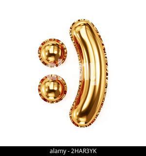 Lächeln Sie den Ballon. Logo des goldgelben lächelnden Luftballons. Isoliert auf weißem Hintergrund. 3D Rendering-Illustration Stockfoto