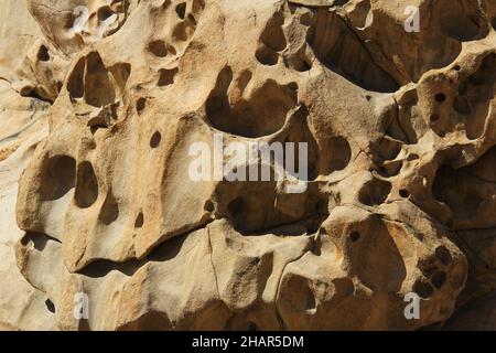 Nahaufnahme einer Steinstruktur auf einem Felsen mit Löchern, Rissen und Rillen auf vulkanischem Gestein im Bektau-ATA-Trakt, Sommer, sonnig Stockfoto