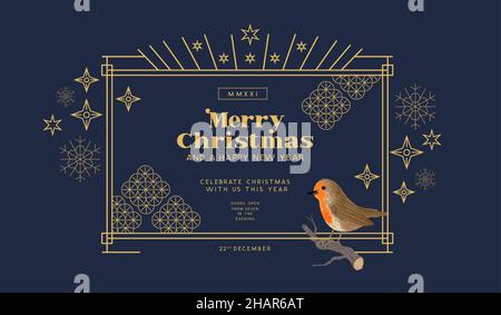 Festliches Weihnachtsrahmen-Layout mit goldenen Details. Vektor-Illustration für Wintereinladung. Stock Vektor