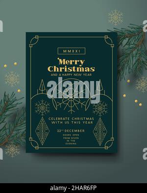 Vintage christmas Invitation Art-Deco-Layout-Design mit goldenen Details. Vektorgrafik Stock Vektor