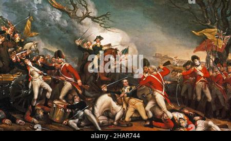 SCHLACHT VON PRINCETON 3. Januar 1777 während des amerikanischen Revolutionskrieges, der den Tod des amerikanischen Generals Hugh Mercer zeigt. Gemälde von John Trumbull 1831. Stockfoto