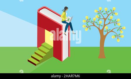 Frau sitzt auf einem Buch mit Eingang und Treppen zu Wissen, Appeltree mit Glühbirnen. Vektorgrafik. EPS10. Dimension 16:9. Stock Vektor