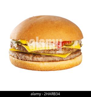 Doppelter Cheeseburger. Doppeltes Rinderschnitzel. Isoliert auf weißem Hintergrund. Stockfoto