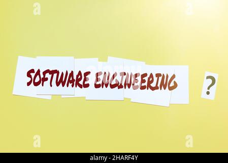 Schreiben mit Anzeige von Text Software Engineering. Wort für Programmentwicklung im systematischen quantifizierbaren Ansatz kritisches Denken Hinweise finden Stockfoto
