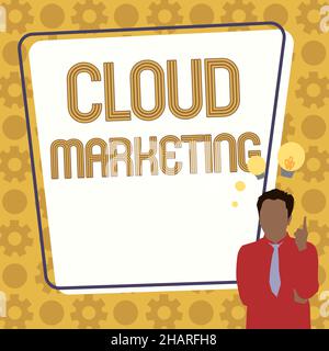 Schild mit Cloud-Marketing. Konzeptfoto der Prozess einer Organisation, ihre Dienstleistungen zu vermarkten Illustration eines Geschäftsmannes stehend Stockfoto
