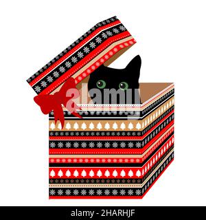Geschenkbox für Weihnachten mit schwarzer Katze darin Stock Vektor