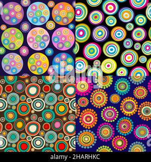 Set aus vier Hintergründen mit kreisförmigen Formen und Blumen aus Punkten Stock Vektor