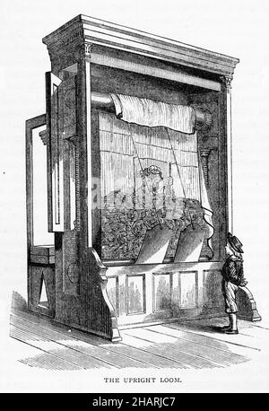 Gravur eines aufrechten Webstuhls zum Weben von Tuch Stockfoto