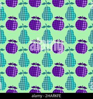 Blaue Birnen und lila Äpfel mit einem Muster von Punkten. Fruchtmuster auf grünem Hintergrund. Stock Vektor