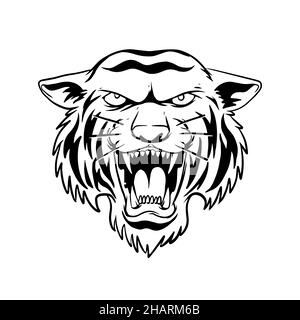 Ein knurrender Tiger. Eine handgezeichnete Illustration eines wilden Tierkopfes. Linienkunstzeichnung für Emblem, Poster, Aufkleber, Tattoo, etc Stockfoto