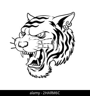 Ein knurrender Tiger von der Seite. Eine handgezeichnete Illustration eines wilden Tierkopfes. Linienkunstzeichnung für Emblem, Poster, Aufkleber, Tattoo, etc Stockfoto