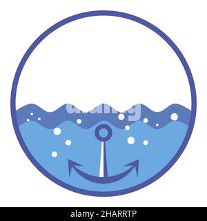 Blaues rundes Logo mit Meereswellen und Anker. Luftblasen im Meerwasser. Ankersymbol als stilvoller Designakzent. Marine Stil charakteristischen Farben - BL Stock Vektor