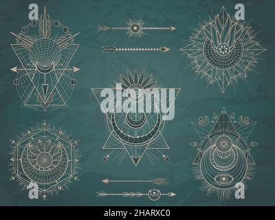 Vektor-Set von Heiligen Symbolen mit Mond, Sonne, Pfeilen und geometrischen Figuren auf dunklem Vintage-Hintergrund. Sammlung abstrakter mystischer Zeichen in Linien gezeichnet. Stock Vektor