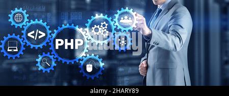 PHP-Codierungskonzept. Suche nach Programmierern. Technologiehintergrund. Stockfoto