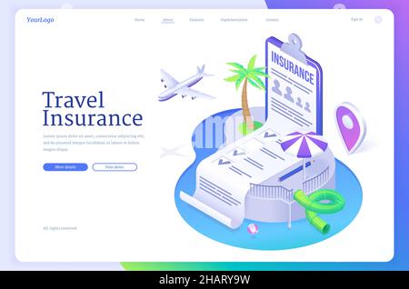 Isometrische Landing Page der Reiseversicherung. Grundsatzdokument am Strand mit Pool, Palmen und Flugzeug. Schutz des Lebens und der Gesundheit von Reisenden, Garantiepapier, 3D-vektor-Illustration, Webbanner Stock Vektor