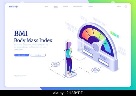 BMI, isometrische Landing Page für Body-Mass-Index. Frauen wiegen fast übergewichtige Horoskopskala mit extrem, übergewichtigen und normalen Indikatoren, weibliche Charaktere auf der Ernährung mit Gewichtskontrolle, 3D Vektor-Webbanner Stock Vektor