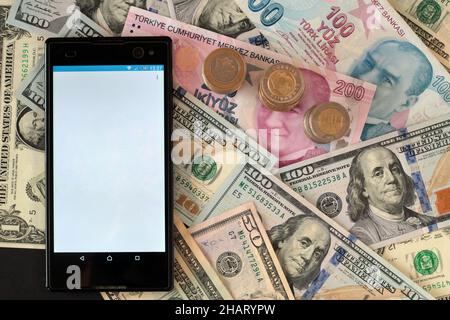 Smartphone mit weißem und leerem Bildschirm auf türkischer Lira und US-Dollar, Draufsicht Stockfoto