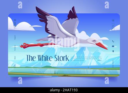 Weiße Storch Cartoon Landing Page, schöne Wildvögel fliegen in blau bewölkten Himmel über natürliche Frühlingslandschaft mit Bergen, Fluss und grünen Feldern. Ornithologie, Tierwelt, Vektor-Webbanner Stock Vektor