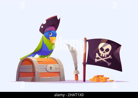 Piratenpapagei in Hut, Schatzkiste, Schwert, Goldmünzen und schwarzer Flagge mit Totenkopf und Kreuzknochen. Vektor-Cartoon-Satz von Piratensymbolen, vogel der korsaren, Holzkiste, Haufen goldenes Geld und fröhlicher roger Stock Vektor