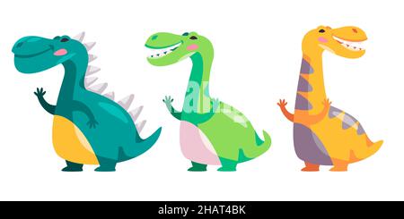 Dino Dinosaurier niedlichen Charakter-Set Sammlung von bunten lustigen Kinder Stil Illustration in grün gelb Tyrannosaurus Rex Allosaurus Stock Vektor