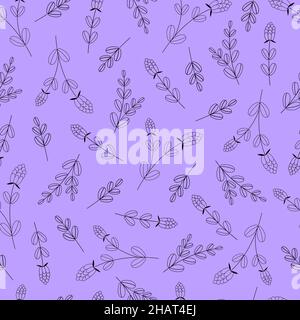 Nahtloses Muster mit Kontur-Lavendelfeldern auf fliederfarbenem Hintergrund Stock Vektor