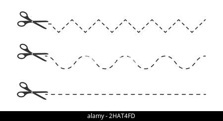 Satz von Scheren-Symbolen mit gepunkteten Zickzack-, Wellen- und geraden Linien. Schneiden Sie hier Piktogramm für Gutscheine, Gutscheine, Etiketten, Papierseiten. Einfache grafische Vektordarstellung isoliert auf weißem Hintergrund. Stock Vektor