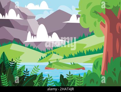 Landschaft Hintergrund Dschungel grün Berge Hügel mit großen Bäumen und Pflanzen blau Wasser Seen Cartoon flache Farbe isoliert Hintergrund Illustration nein Stock Vektor