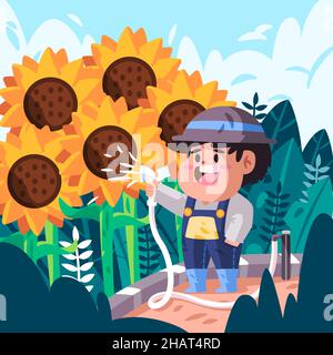 Mann Jungen Kind gibt Gießpflanzen gelbe Sonnenblume im Garten und sieht glücklich Garten Cartoon flache Farbe Stil isoliert Hintergrund Stock Vektor