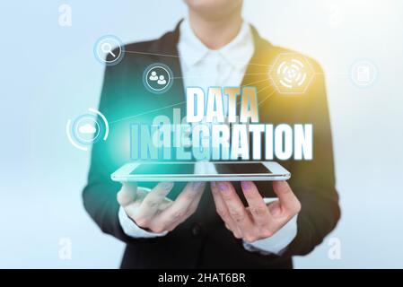 Inspiration zeigt Zeichen Datenintegration. Internetkonzept Kombination von technischen und geschäftlichen Prozessen zur Kombination von Lady in Uniform Holding Phone Stockfoto
