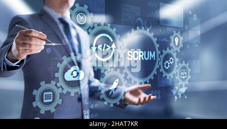 SCRUM, Agile Entwicklungsmethodik, Programmier- und Anwendungsdesign Technologiekonzept auf virtuellem Bildschirm. Stockfoto