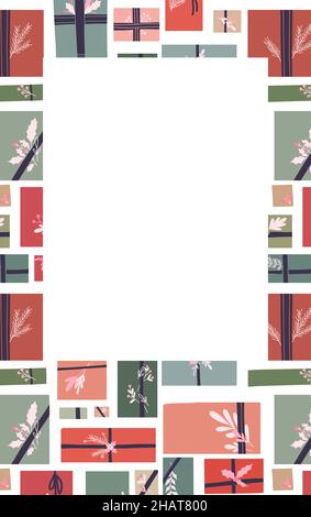 Vector vertikale rechteckige Weihnachtskarte mit hygge Geschenkboxen mit Bändern, Ästen Dekorationen und Platz für Text. Banner mit Geschenken in Pastellfarben c Stock Vektor
