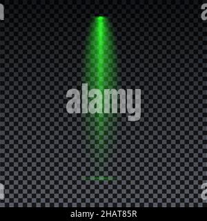 Grüner Scheinwerfer. Grüner Laserstrahl auf transparentem Hintergrund. Laserstrahlen, Lichteffekt auf transparentem schwarzem Hintergrund. Stock Vektor