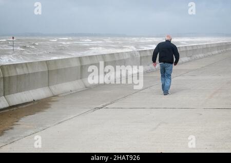 Mann, auf, Promenade, Ufer, Wellen, die, Wetter, täglich, im Freien, im Freien, Sport, Wandern, Promenade, Strandpromenade, Seeverteidigung, Seeverteidigung, Meer, Ärmelkanal, Wetter, raue Meere, wild, Bedingungen, Sturm, stürmisch, windig, Wind, Wetter, auf, Küste, Küste, Dungeness, Kent, England, Englisch, GB, Großbritannien, Großbritannien, Großbritannien, Großbritannien, Europa, Europa, Europa, Tag, August, Sommer, Sommer Stockfoto